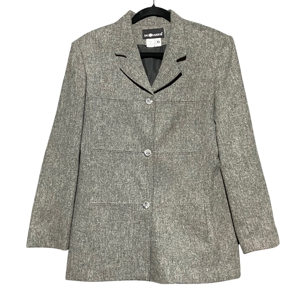 Sag Harbor‎ Women's 8 Blazer Jacket Gray Wool Blend Button Front Lined Pockets